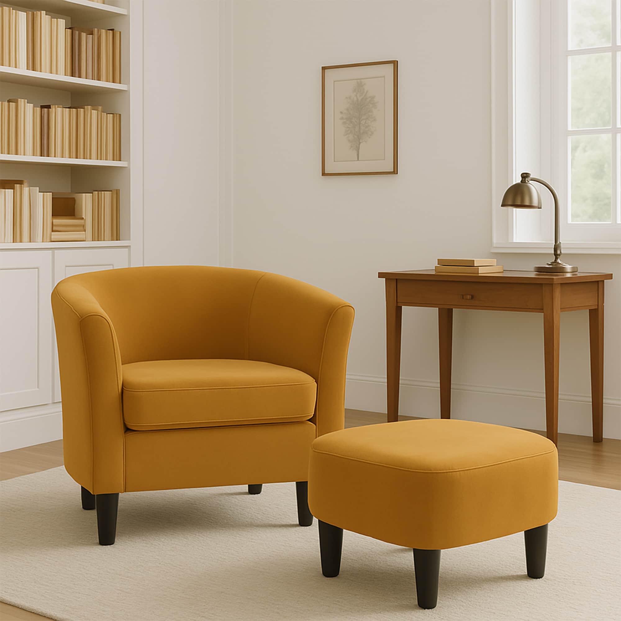 Velvet Accent Chair With Ottoman, Modern Barrel Chair Armchair For Living Room, Bedroom, Yellow_maomaolike.com